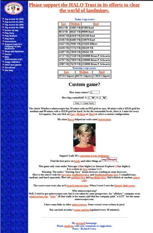 A late-1990s website for minesweeper.org: a blue sidebar of links, tables of daily high scores, a custom game form, and a banner supporting the HALO Trust's landmine clearance campaign.